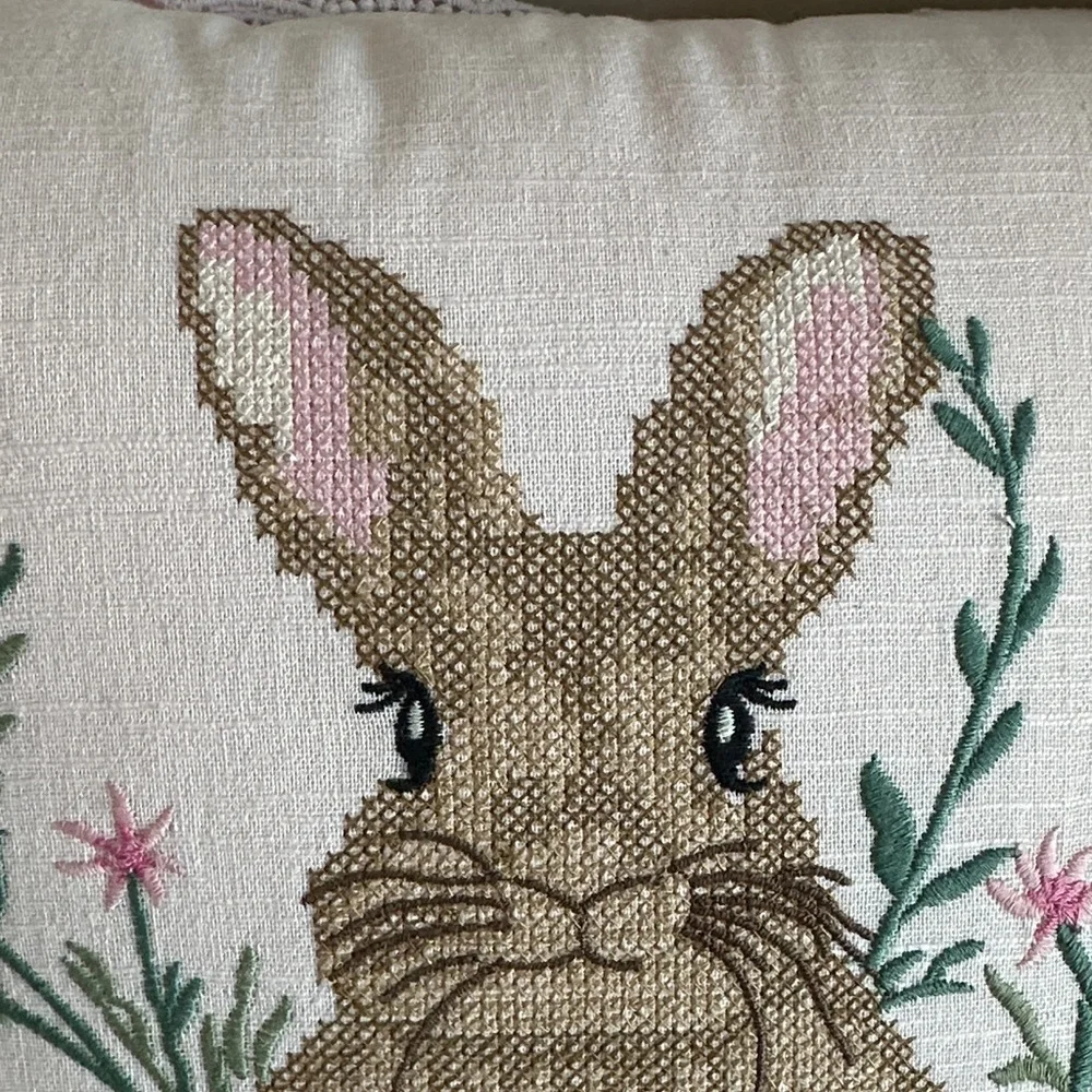 Lillian August French Farmhouse Easter Bunny 🐰 Rabbit Pillow Pink Embroidered